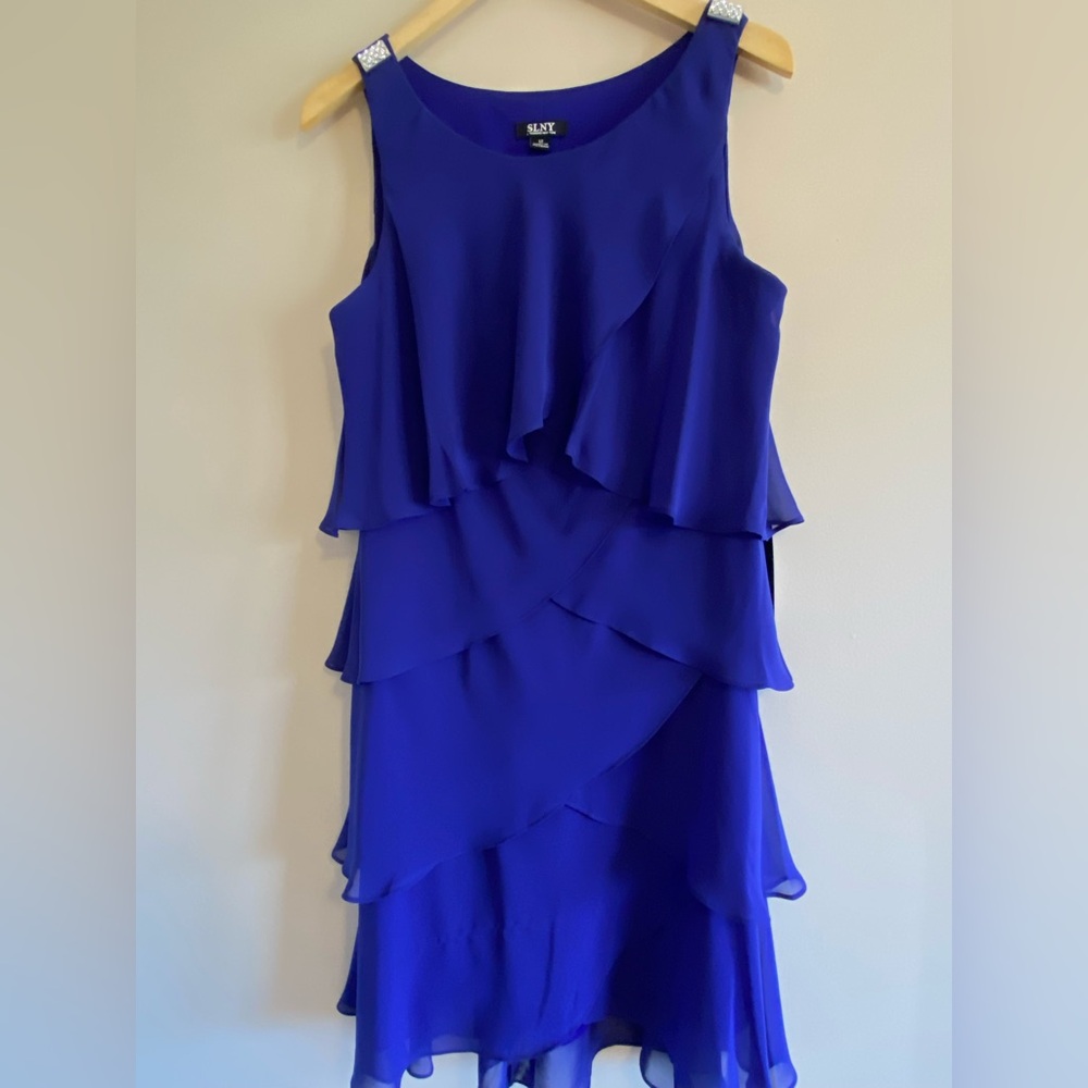 SLNY Blue Ruffled‎ Tiered Sleeveless Dress